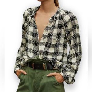 Anthropologie Pilcro Breezy Buttondown Black and White Plaid with Yellow Accents
